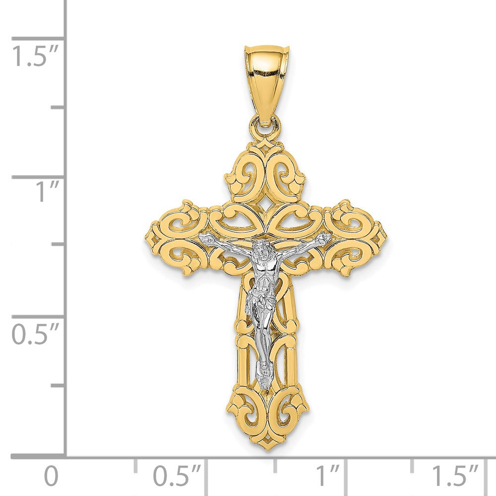 14k Two-tone Gold W/ Rhodium Crucifix W/ Scrolled Tips Charm