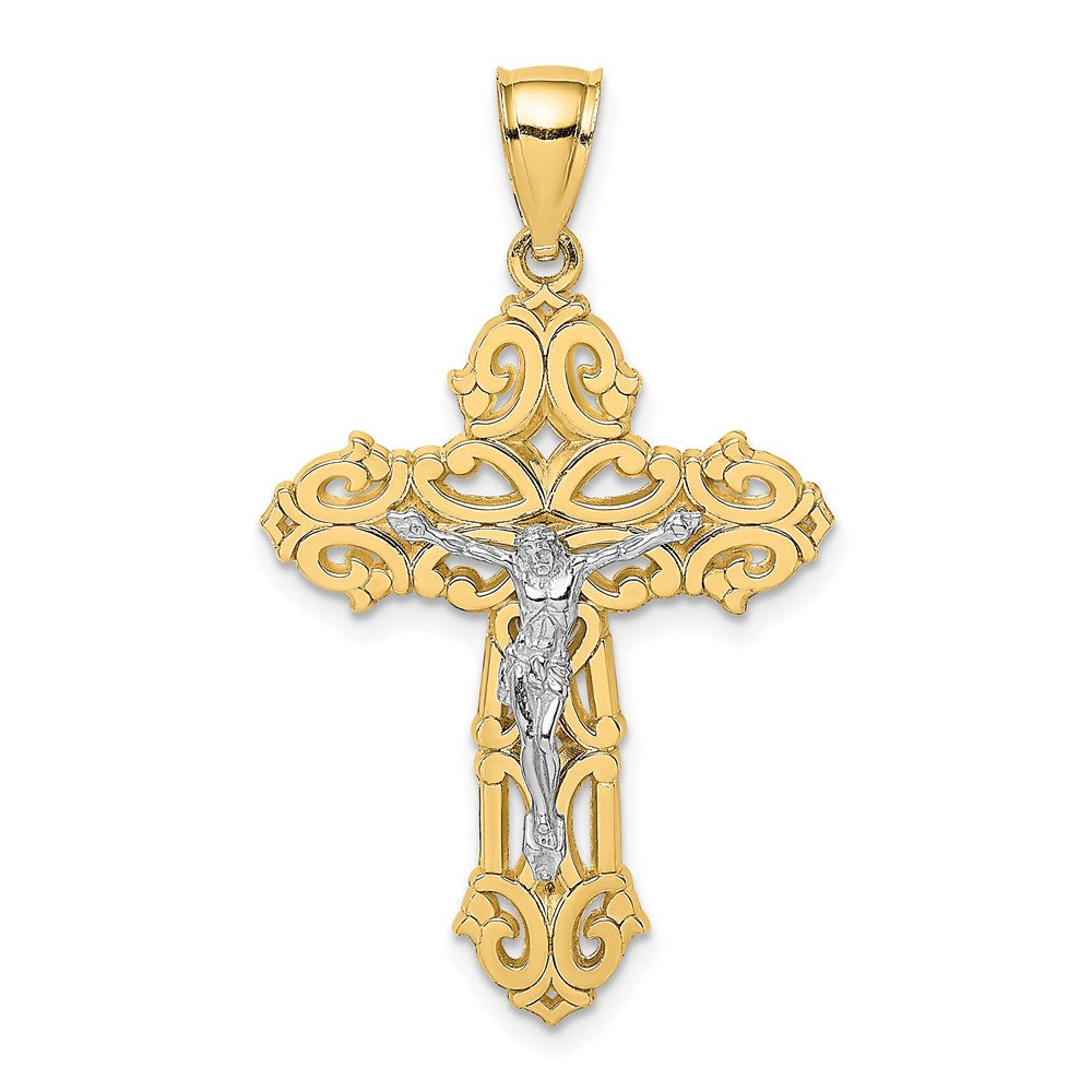 14k Two-tone Gold W/ Rhodium Crucifix W/ Scrolled Tips Charm