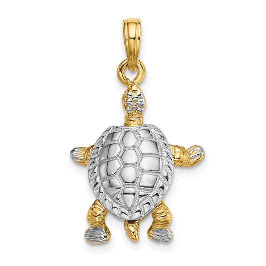 14k Yellow & Rhodium Gold with White Rhodium 3-D Land Turtle W/ Moveable Head Charm