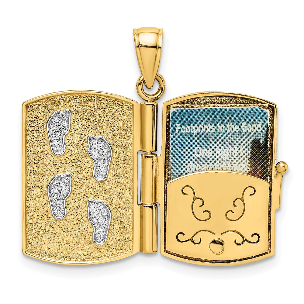 14k Yellow & Rhodium Gold w/Rhodium 3-D Footprints Book W/ Prayer Inside Charm