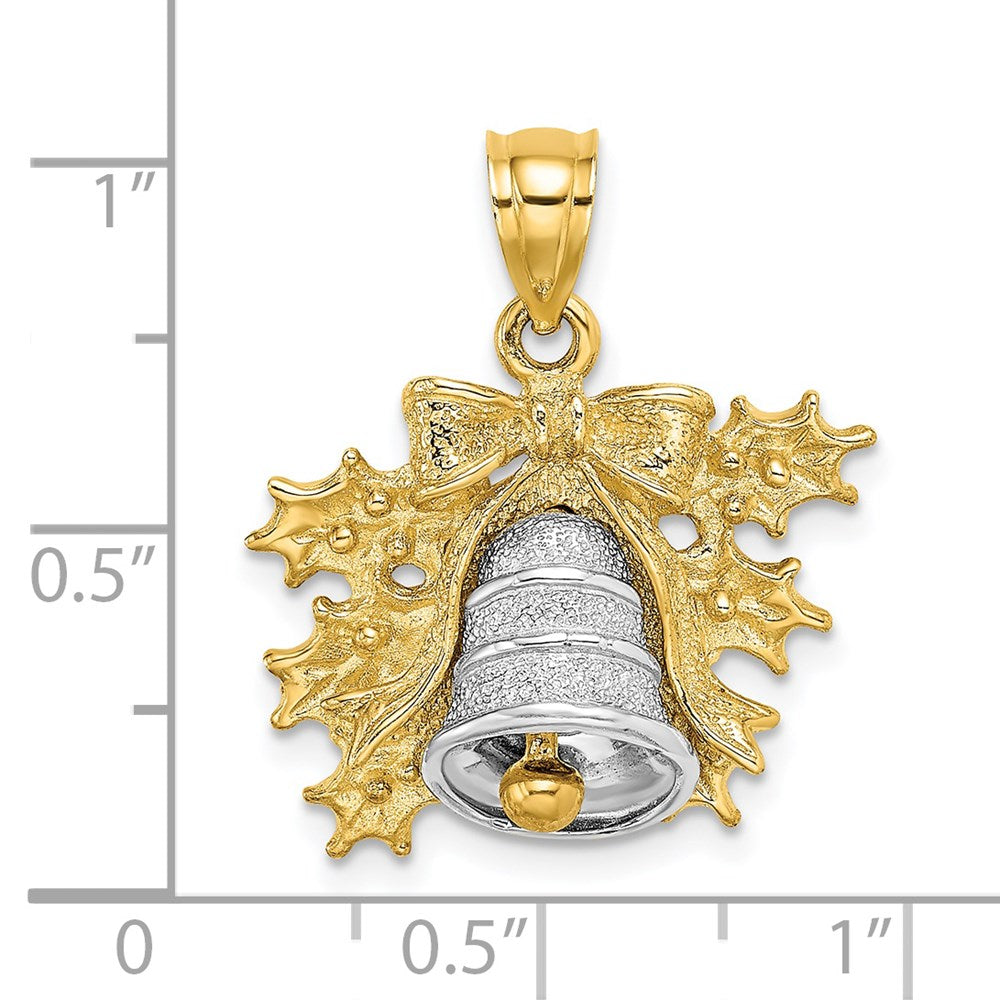 14k Two-tone Gold Two-tone Gold 3-D Christmas Bell and Holly Charm