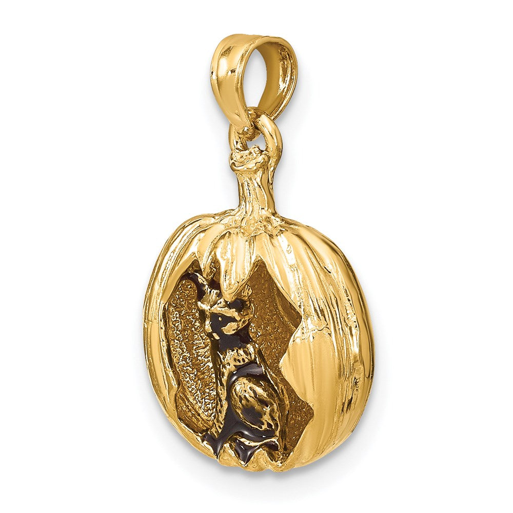 14k Yellow & Rhodium Gold w/Rhodium 3-D Jack-o-Lantern w/Enameled Black Cat and Moon Charm