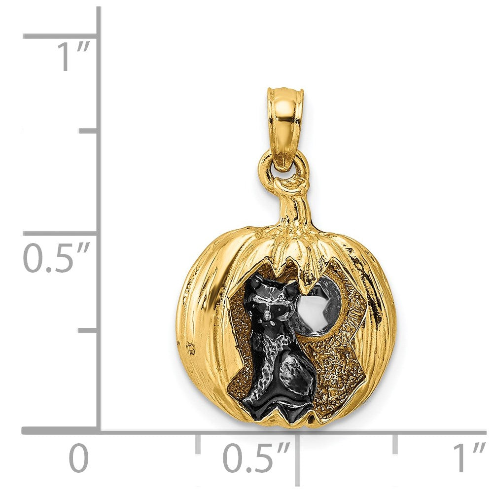 14k Yellow & Rhodium Gold w/Rhodium 3-D Jack-o-Lantern w/Enameled Black Cat and Moon Charm