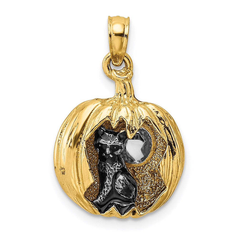 14k Yellow & Rhodium Gold w/Rhodium 3-D Jack-o-Lantern w/Enameled Black Cat and Moon Charm