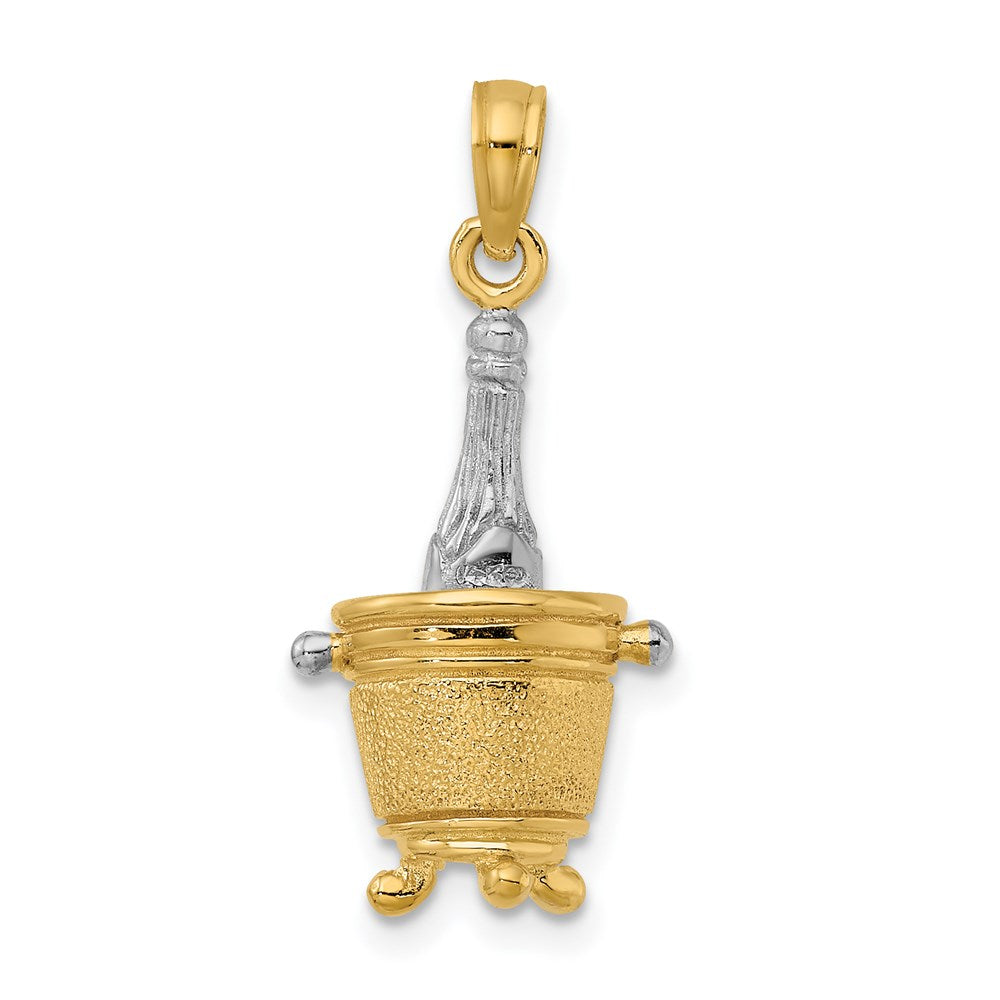 14k Yellow & Rhodium Gold w/Rhodium 3-D Champagne Bottle In Ice Bucket Charm