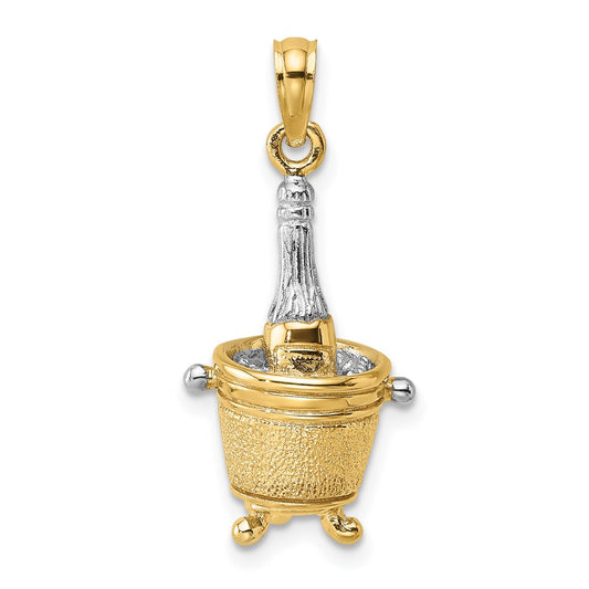 14k Yellow & Rhodium Gold w/Rhodium 3-D Champagne Bottle In Ice Bucket Charm