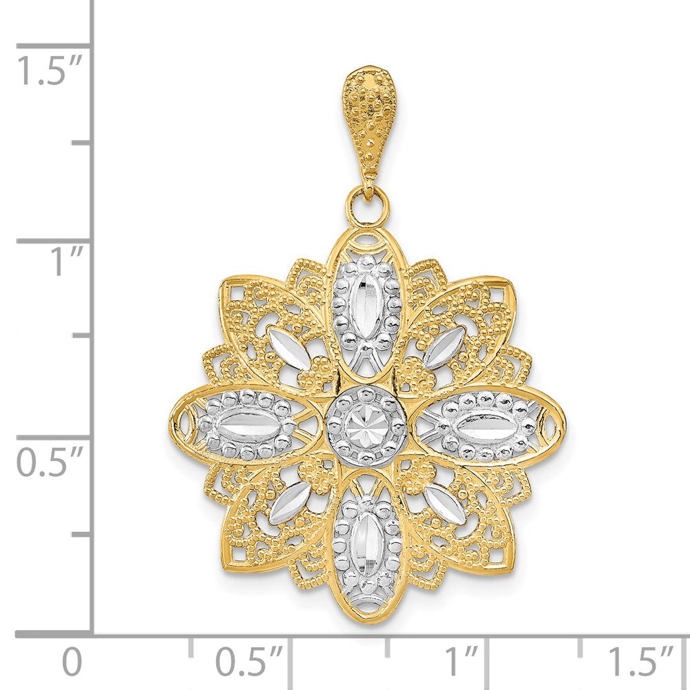 14k Yellow & Rhodium Gold w/Rhodium D/C and Filigree Flower Charm