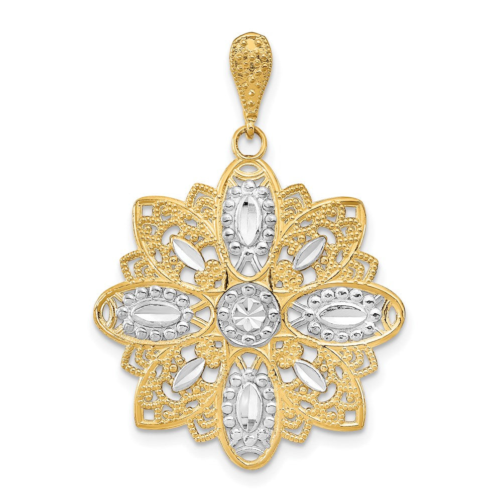 14k Yellow & Rhodium Gold w/Rhodium D/C and Filigree Flower Charm