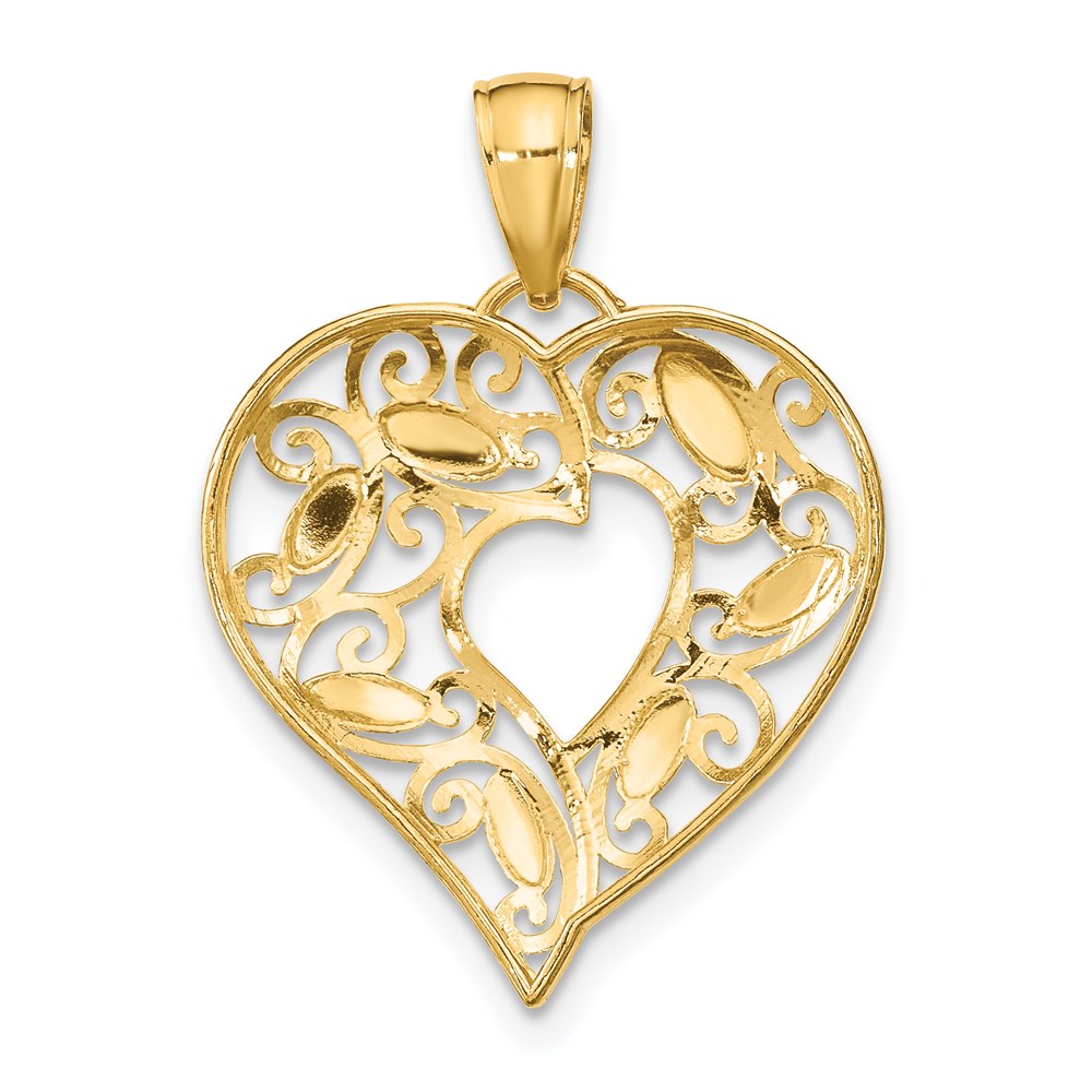 14k Yellow & Rhodium Gold w/Rhodium Diamond-cut Filigree Heart Charm