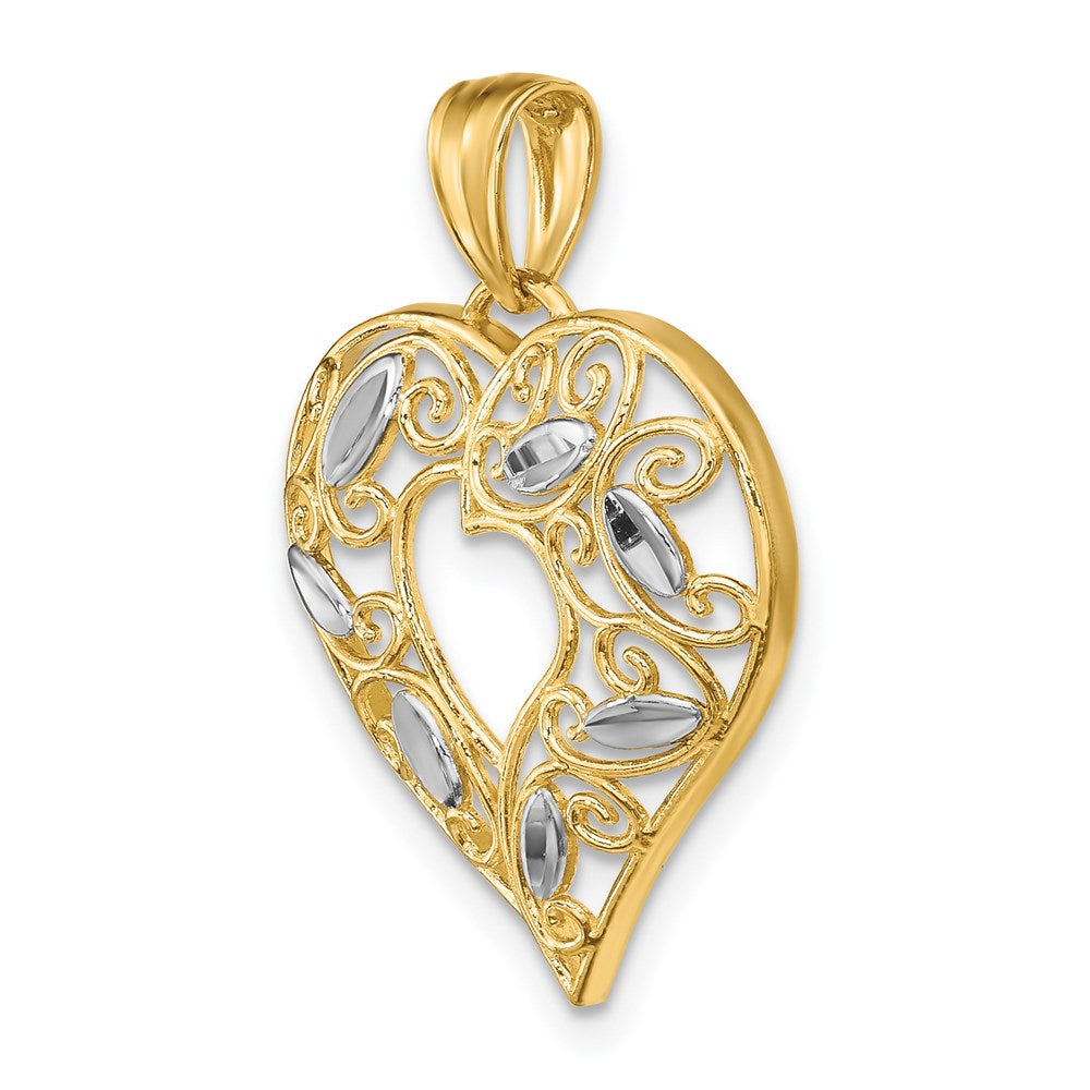 14k Yellow & Rhodium Gold w/Rhodium Diamond-cut Filigree Heart Charm