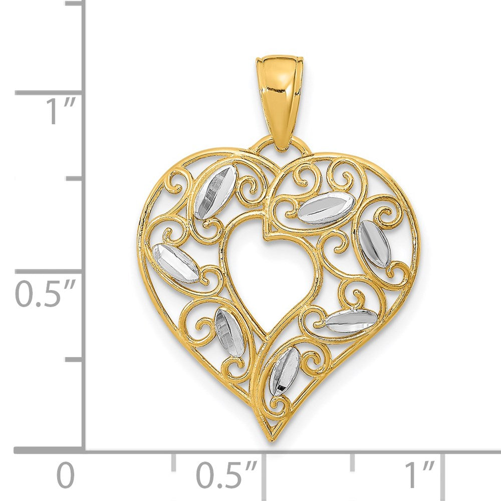 14k Yellow & Rhodium Gold w/Rhodium Diamond-cut Filigree Heart Charm