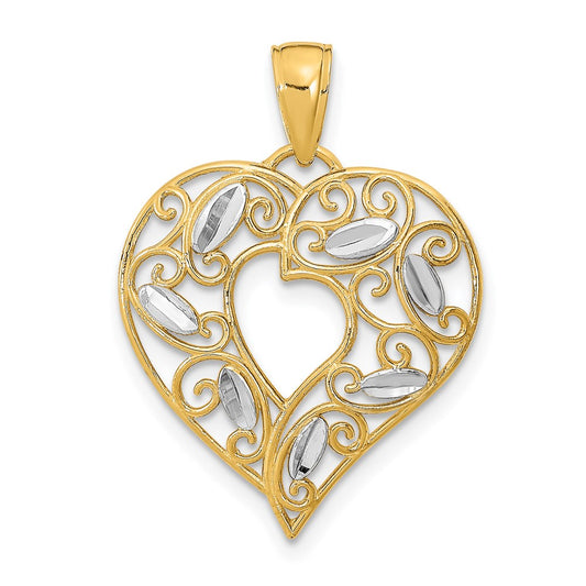 14k Yellow & Rhodium Gold w/Rhodium Diamond-cut Filigree Heart Charm