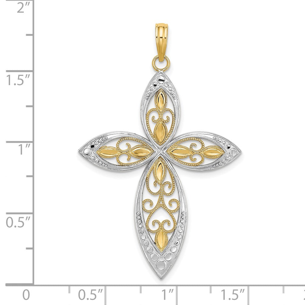 14k Yellow & Rhodium Gold W/ Rhodium Beaded Filigree Cross Charm