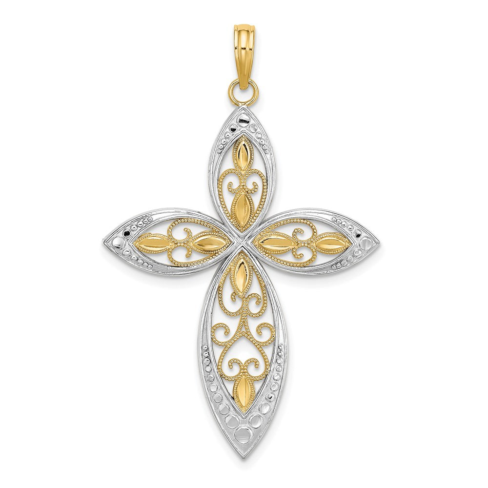 14k Yellow & Rhodium Gold W/ Rhodium Beaded Filigree Cross Charm