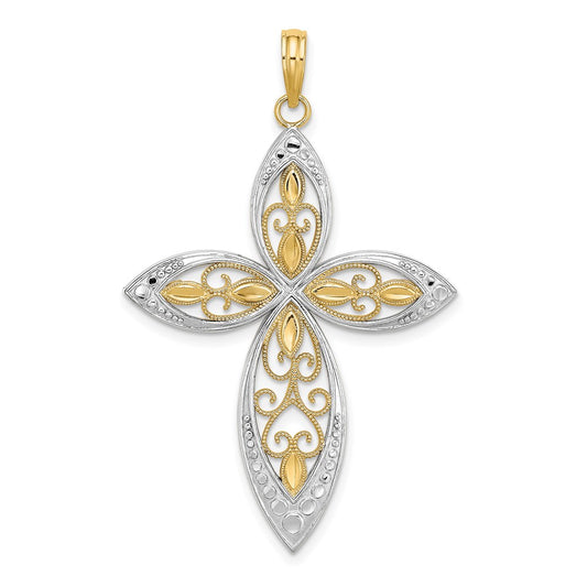 14k Yellow & Rhodium Gold W/ Rhodium Beaded Filigree Cross Charm