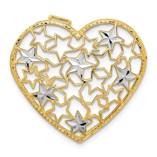 14k Yellow & Rhodium Gold w/Rhodium Heart w/Cut-out Stars Pendant