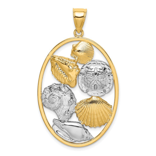 14k Yellow & Rhodium Gold with White Rhodium Shell Cluster In Oval Frame Charm