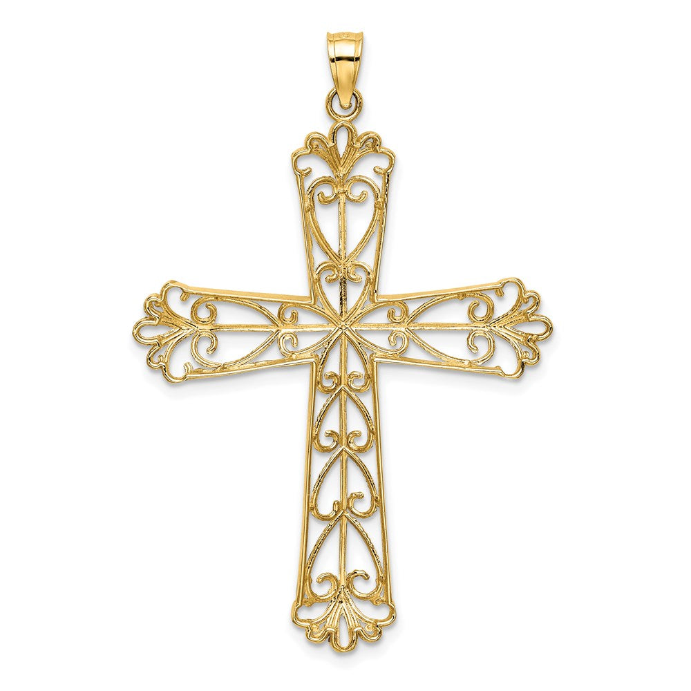 14k Yellow & Rhodium Gold W/ Rhodium and D/C And Beaded Hearts Cross Charm