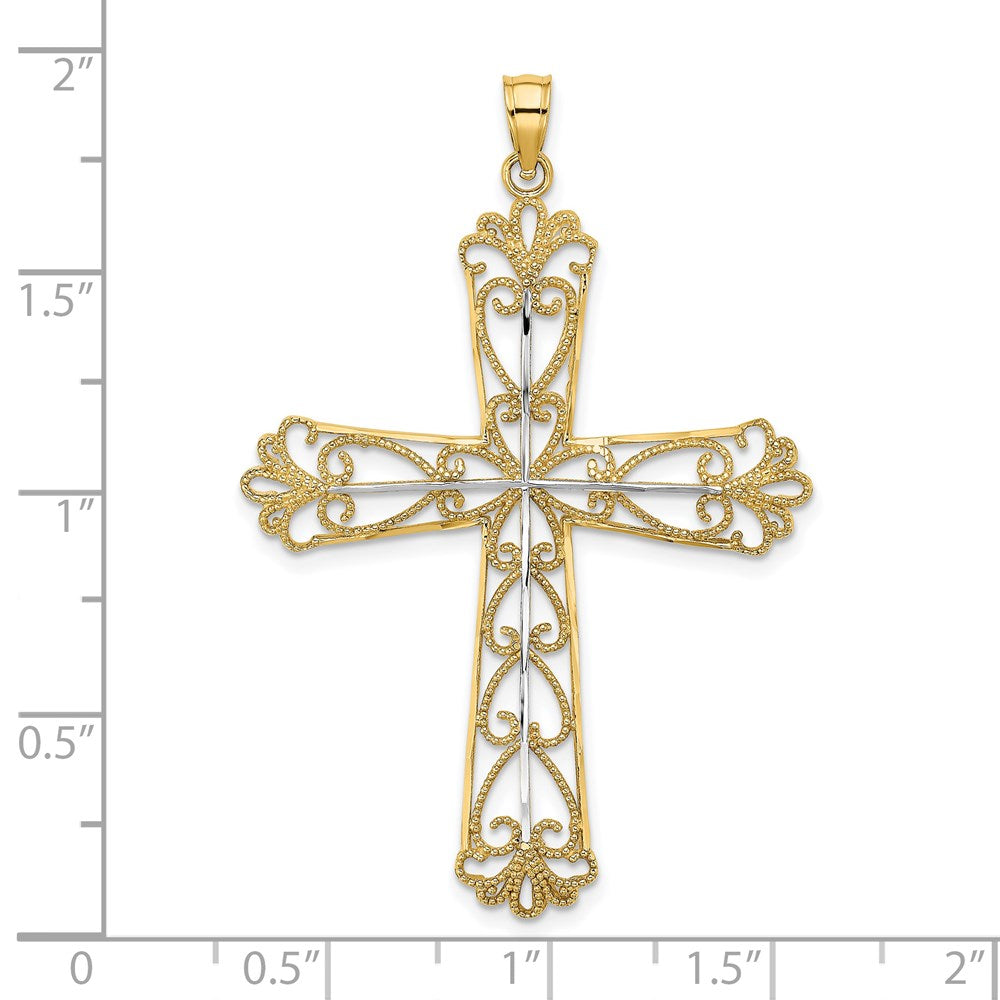 14k Yellow & Rhodium Gold W/ Rhodium and D/C And Beaded Hearts Cross Charm