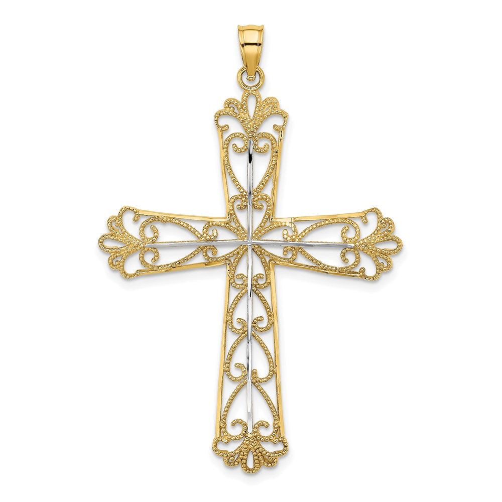 14k Yellow & Rhodium Gold W/ Rhodium and D/C And Beaded Hearts Cross Charm