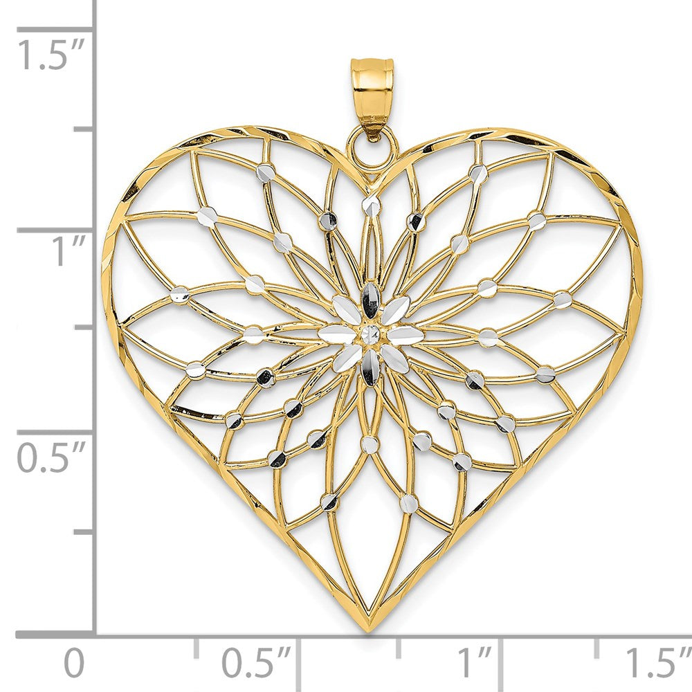 14k Yellow & Rhodium Gold with White Rhodium Diamond-cut Large Filigree Heart Pendant