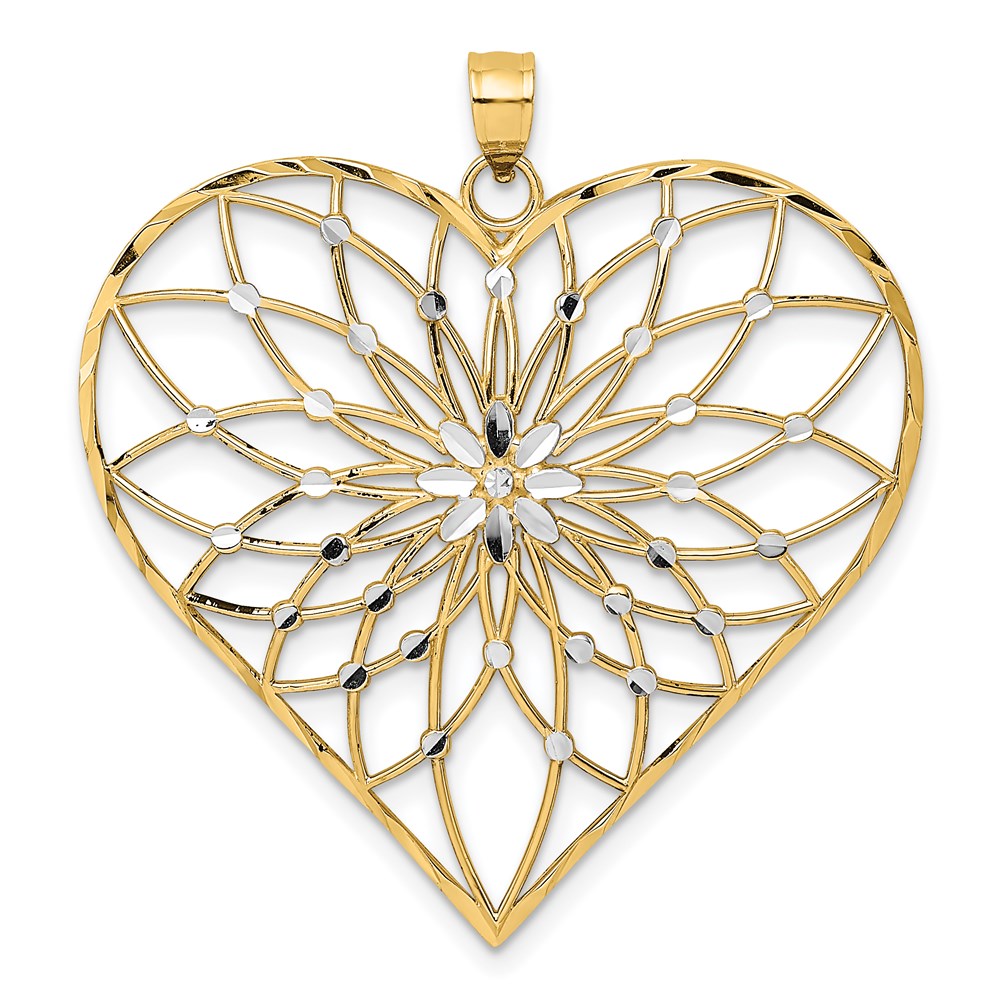 14k Yellow & Rhodium Gold with White Rhodium Diamond-cut Large Filigree Heart Pendant