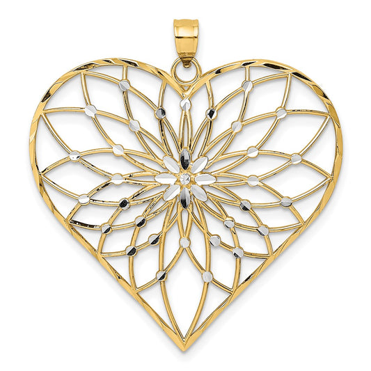 14k Yellow & Rhodium Gold with White Rhodium Diamond-cut Large Filigree Heart Pendant