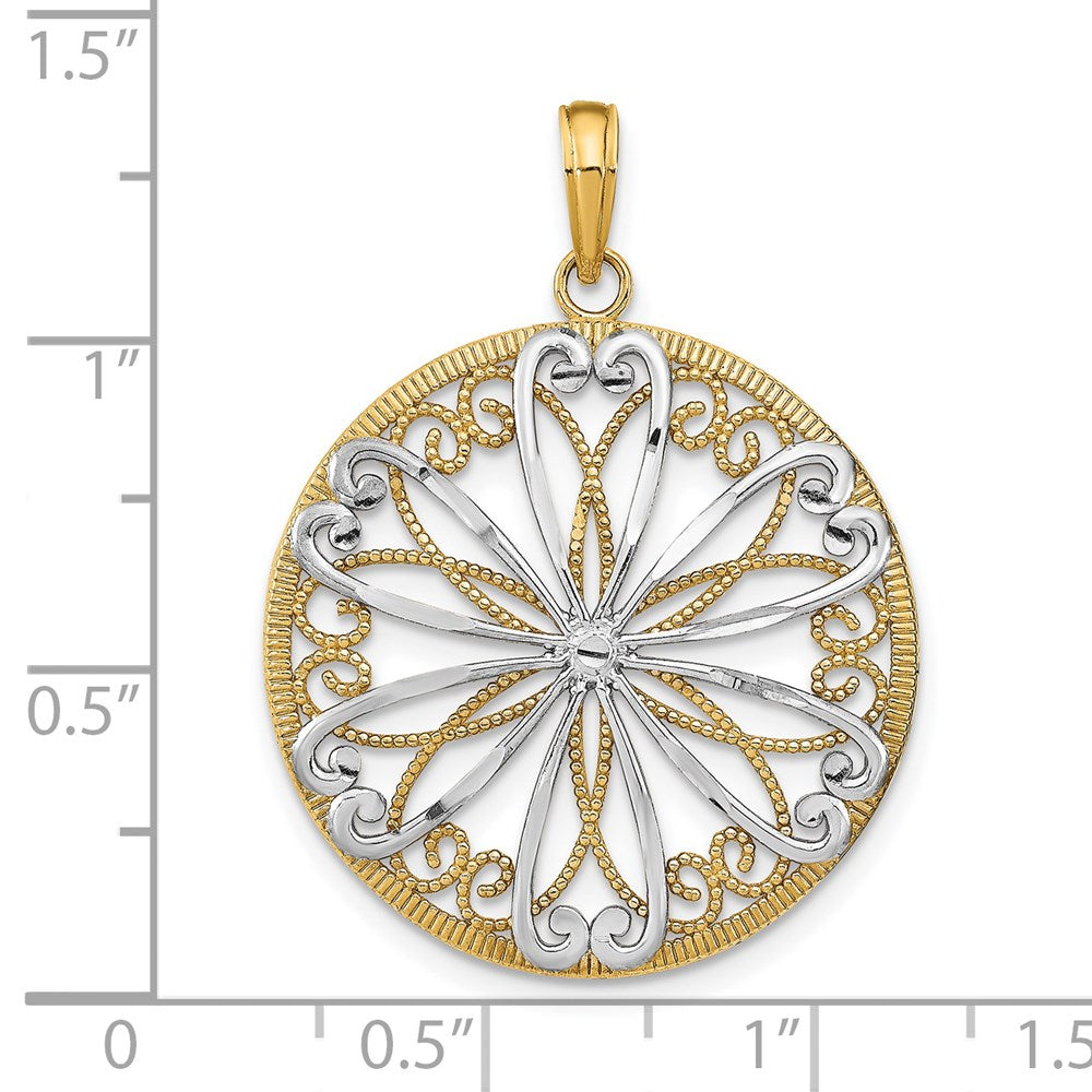 14k Yellow & Rhodium Gold w/Rhodium Filigree Center Round Charm