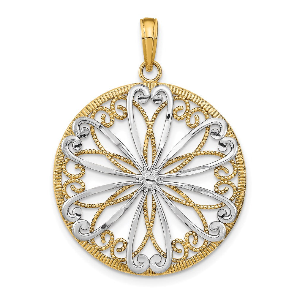 14k Yellow & Rhodium Gold w/Rhodium Filigree Center Round Charm