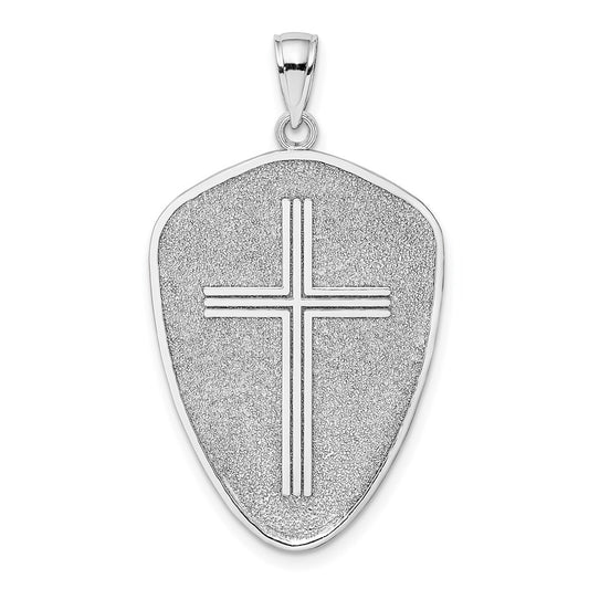 14k White Gold Cross Shield w/ Joshua 1:9 On Reverse Charm