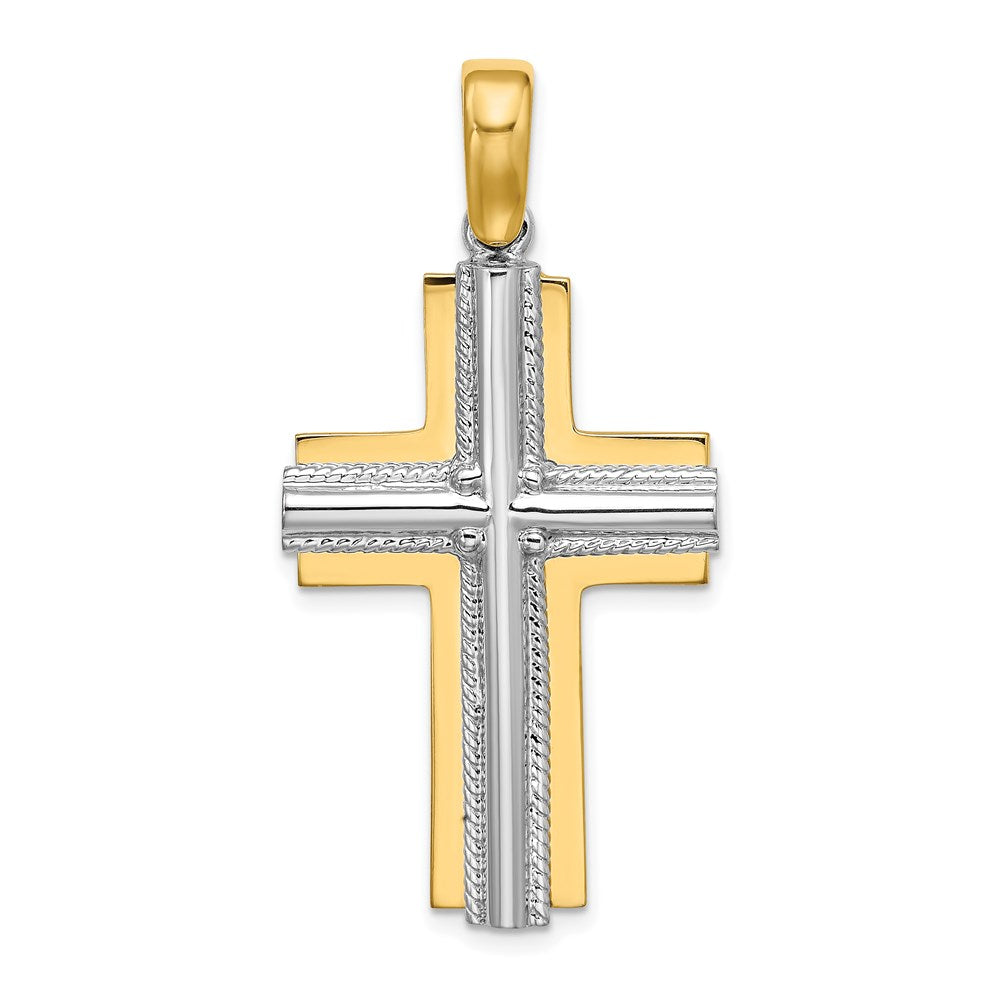 14k Two-tone Gold Ridged Trim Cross Charm