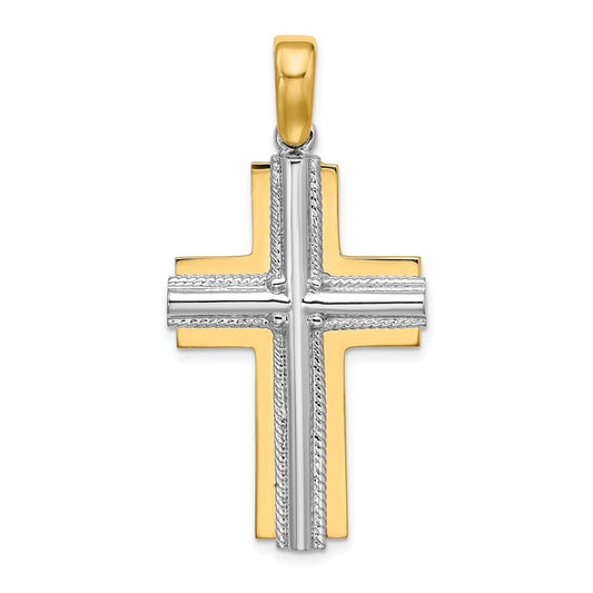 14k Two-tone Gold Ridged Trim Cross Charm