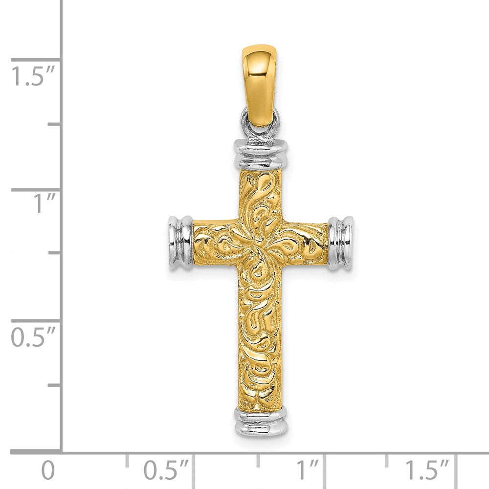 14k Two-tone Gold w/Rhodium Scroll and Double Endcaps Cross Charm