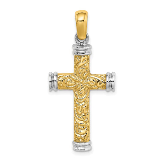 14k Two-tone Gold w/Rhodium Scroll and Double Endcaps Cross Charm