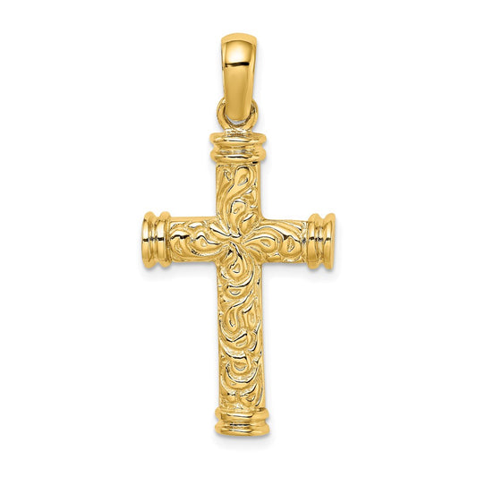 14k Yellow Gold Scroll w/Double Endcaps Cross Charm