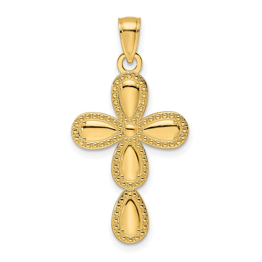 14k Yellow Gold Polished & Textured Edge Teardrop Cross Pendant