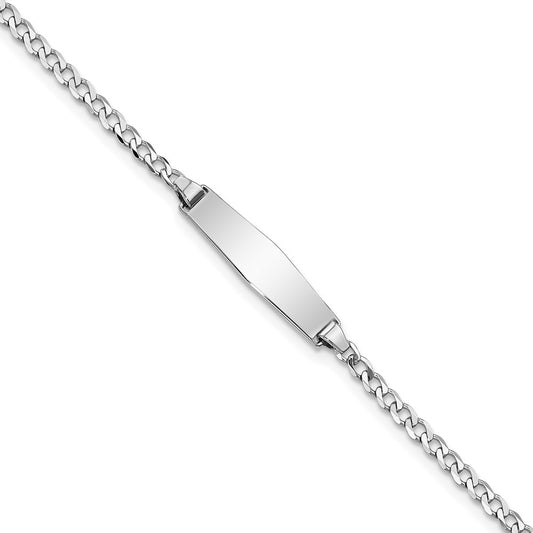 Solid 14K White Gold Soft Diamond Shape Flat Curb Link ID Bracelet