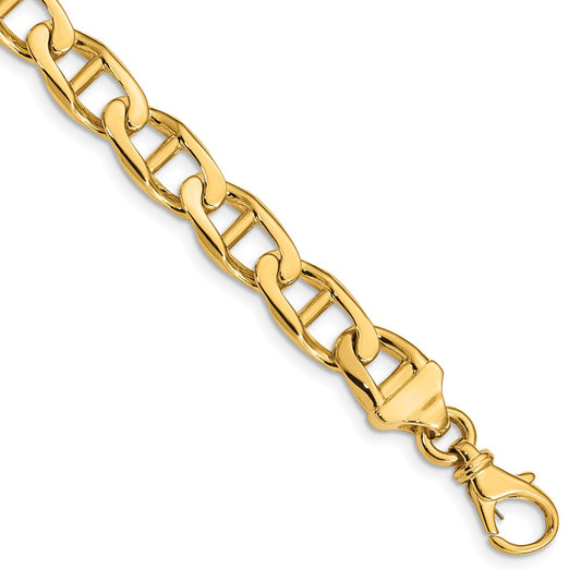 Solid 14K Yellow Gold 8 inch 9mm Hand Polished Fancy Anchor Link with Fancy Lobster Clasp Bracelet