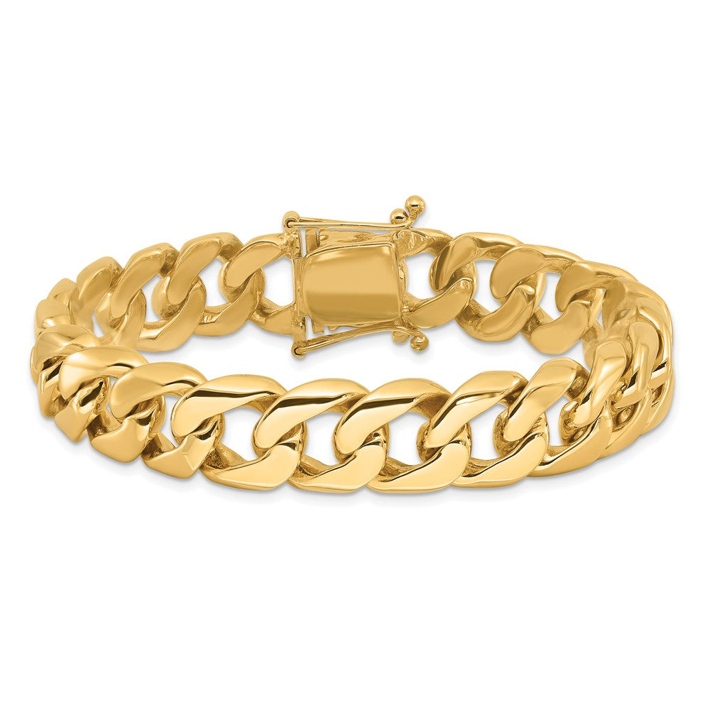 Solid 14K Yellow Gold 9 inch 13.4mm Hand Polished Rounded Curb Link with Box Catch Clasp Bracelet