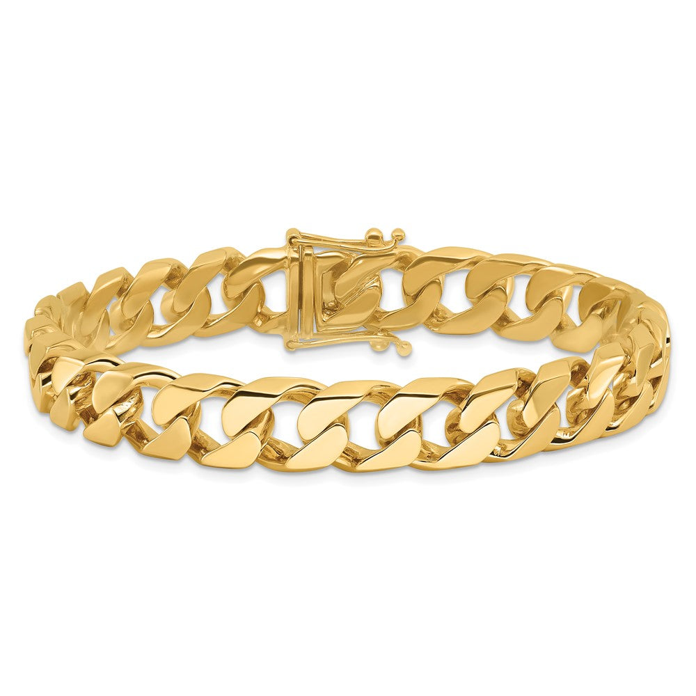 Solid 14K Yellow Gold 8 inch 10.6mm Hand Polished Flat Beveled Curb Link with Box Catch Clasp Bracelet