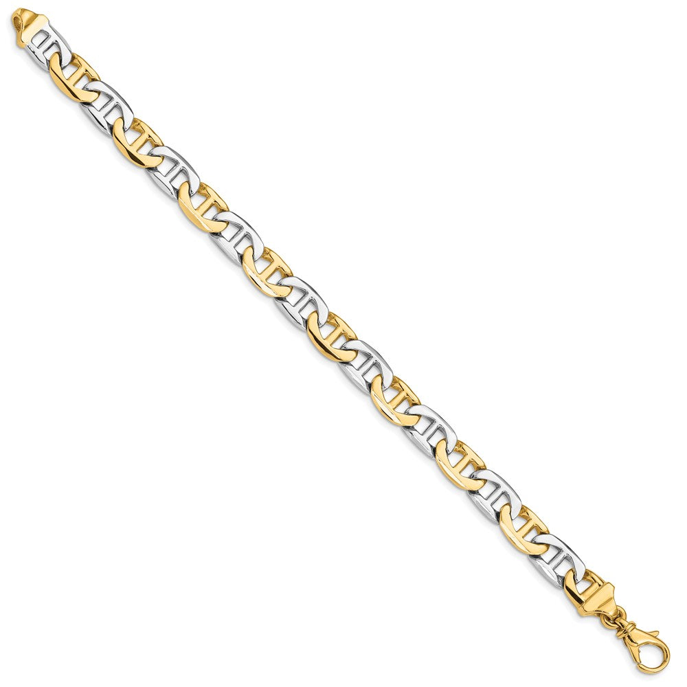 Solid 14K Two-tone Gold 8 inch 8mm Hand Polished Fancy Flat Anchor Link with Fancy Lobster Clasp Bracelet