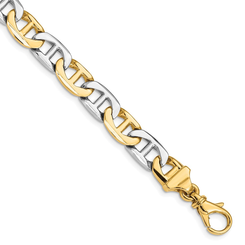 Solid 14K Two-tone Gold 8 inch 8mm Hand Polished Fancy Flat Anchor Link with Fancy Lobster Clasp Bracelet