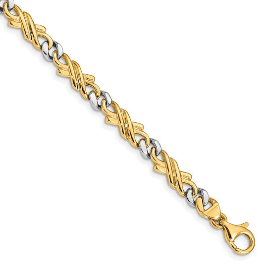 Solid 14K Two-tone Gold 7 inch 6mm Hand Hand Polished Fancy Link with Fancy Lobster Clasp Bracelet