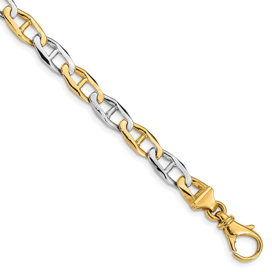 Solid 14K Two-tone Gold 7.25 inch 6.5mm Hand Polished Fancy Link with Fancy Lobster Clasp Bracelet