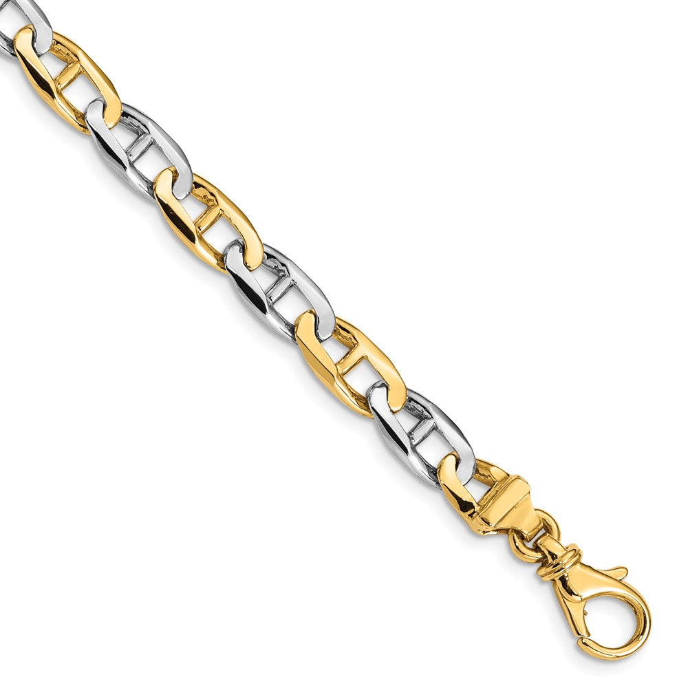 Solid 14K Two-tone Gold 9 inch 6.6mm Hand Polished Fancy Flat Anchor Link with Fancy Lobster Clasp Bracelet