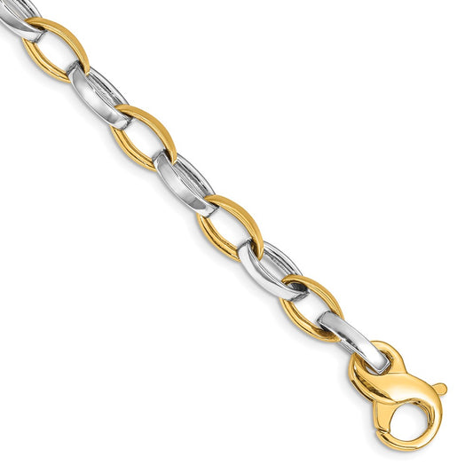 Solid 14K Two-tone Gold 8.5 inch 6.6mm Hand Polished and Satin Fancy Link with Fancy Lobster Clasp Bracelet