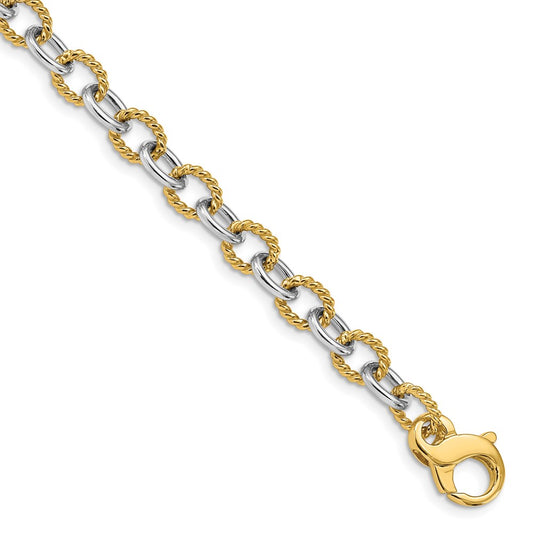 Solid 14K Two-tone Gold 24 inch 6.5mm Hand Polished  and Textured Fancy Link with Fancy Lobster Clasp Chain Necklace