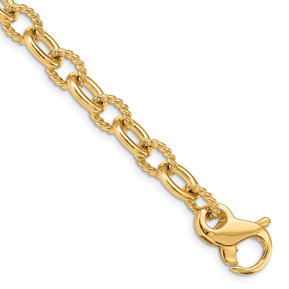 Solid 14K Yellow Gold 9 inch 7.8mm Hand Polished and Textured Fancy Link with Fancy Lobster Clasp Bracelet