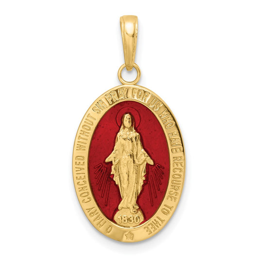 14k Yellow Gold Red Enameled Miraculous Medal Pendant