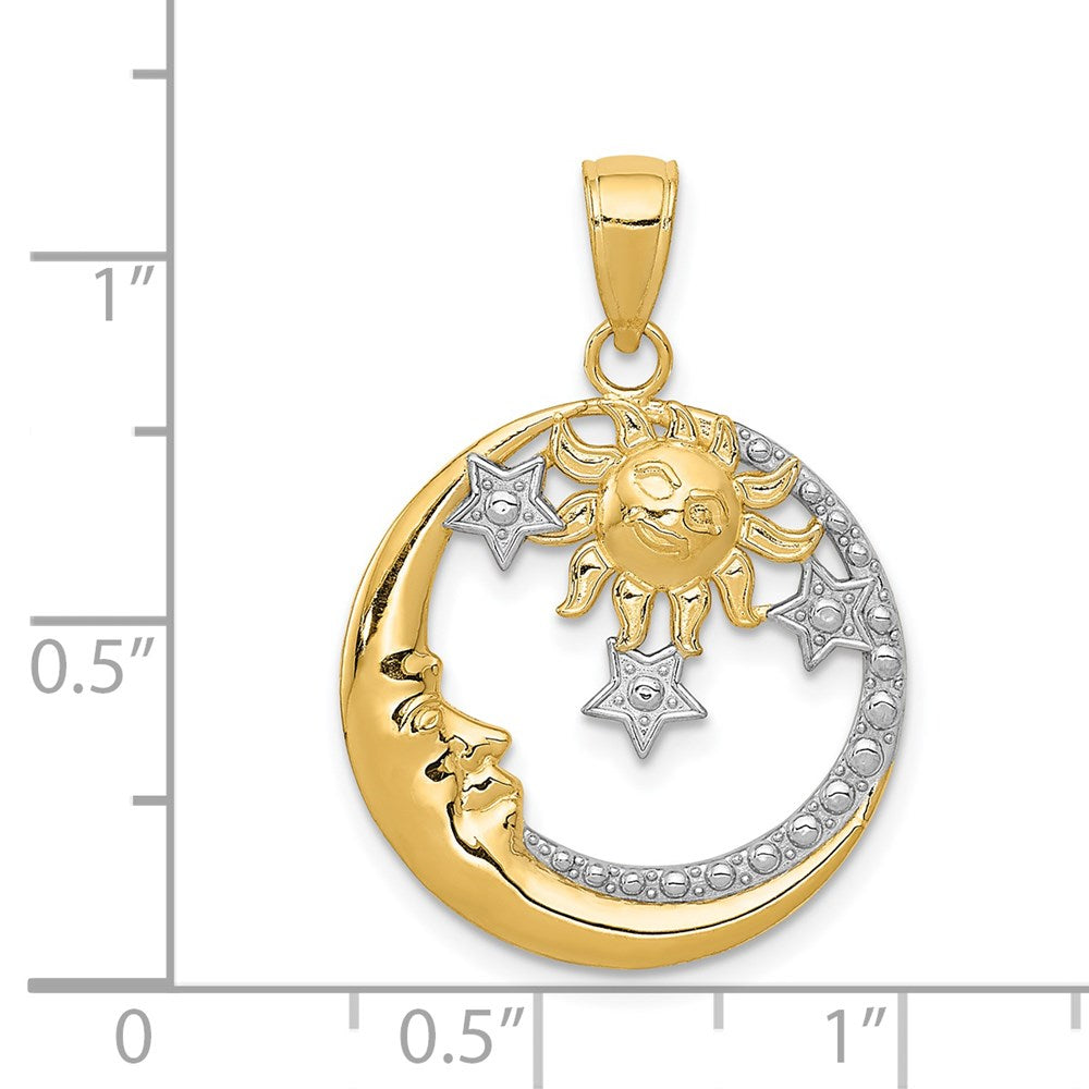 14k Yellow & Rhodium Gold and Rhodium D/C Moon Stars and Sun Pendant